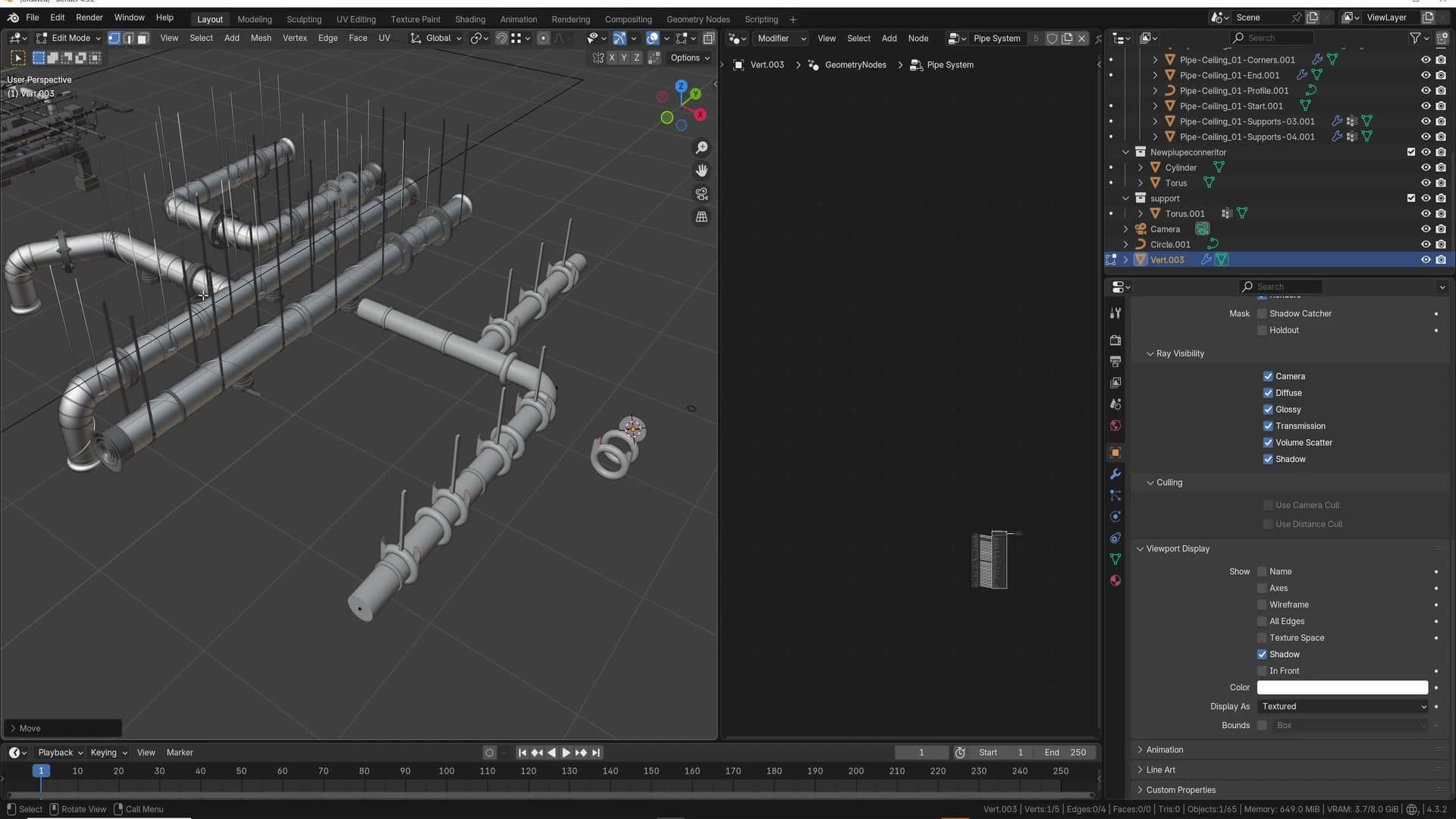 A T-junction created by extruding mid-curve. One branch loses its connectors and supports entirely.