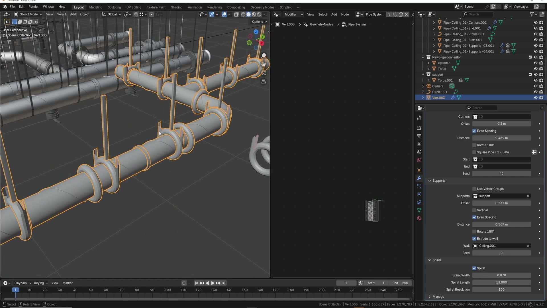 A spiral wrapped around the pipe. Width set to 0.07, adding that ribbed industrial detail.