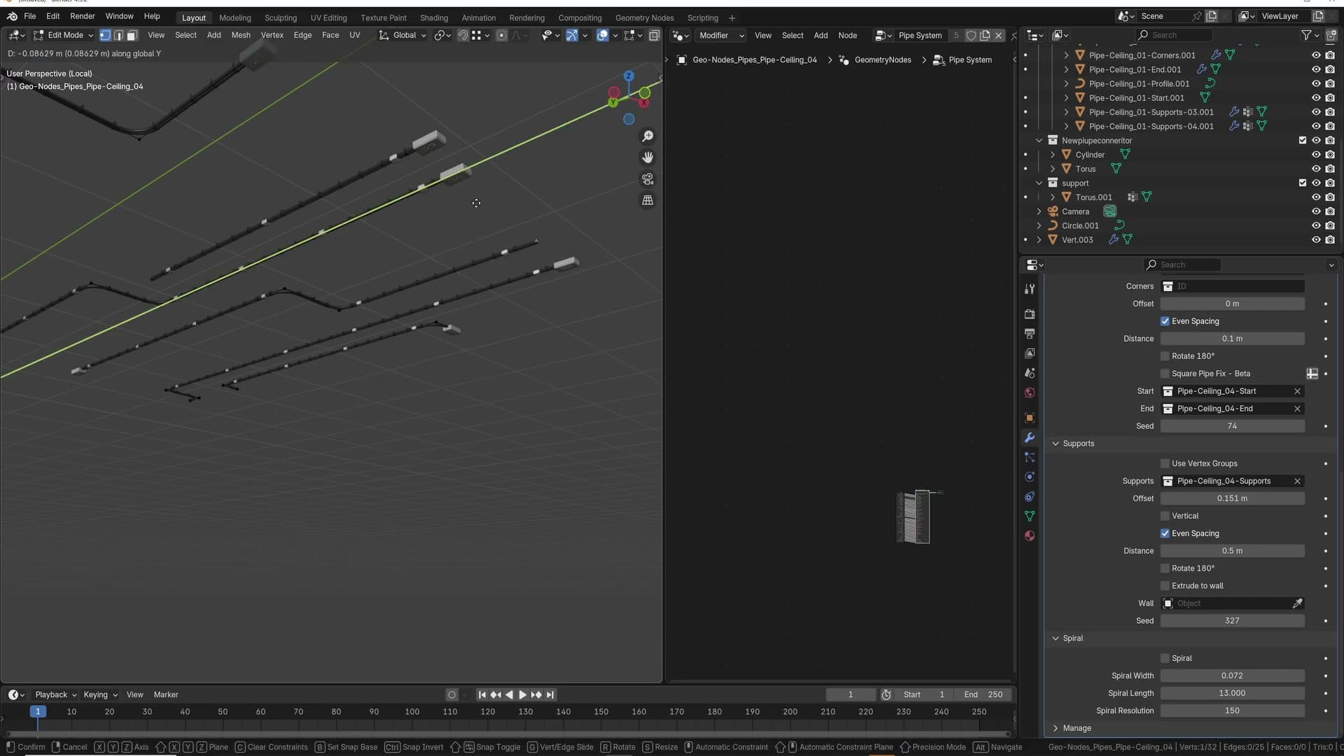 After extruding the chain across a second perpendicular axis, the corner parts rotate 90° because Blender's curve normals have flipped. The geometry is correct but the orientation is wrong.