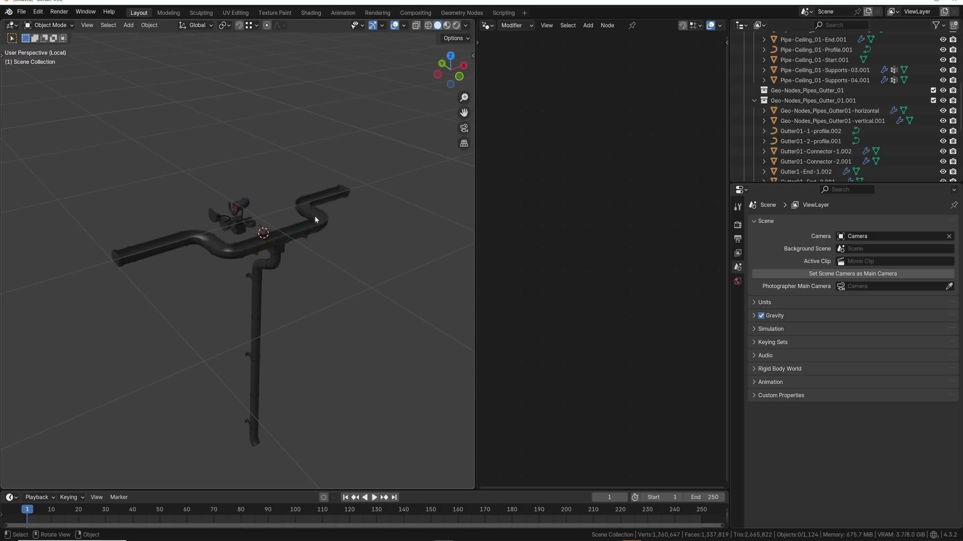 The pre-made guttering preset dropped into the scene. Minimal setup so curve flow stays predictable.