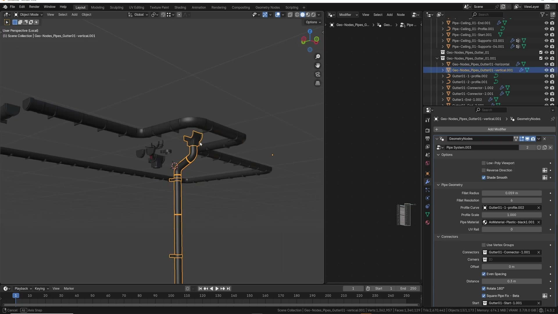 A multi-axis gutter run circling a building. Supports face the right way on every leg.