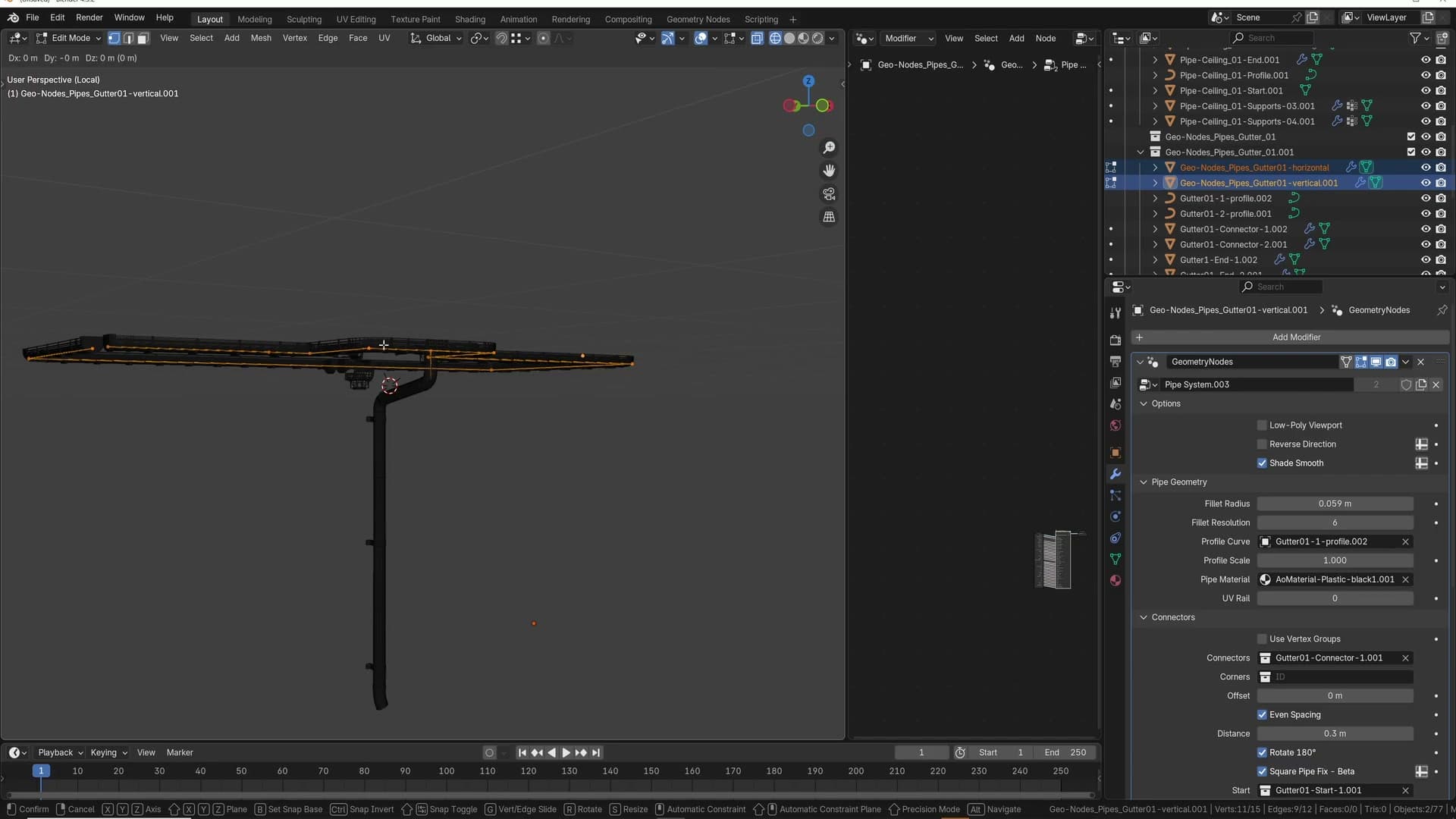 Selecting both gutter objects, jumping into edit mode together and using G,Z,.,1 to snap matching vertices to the same height.
