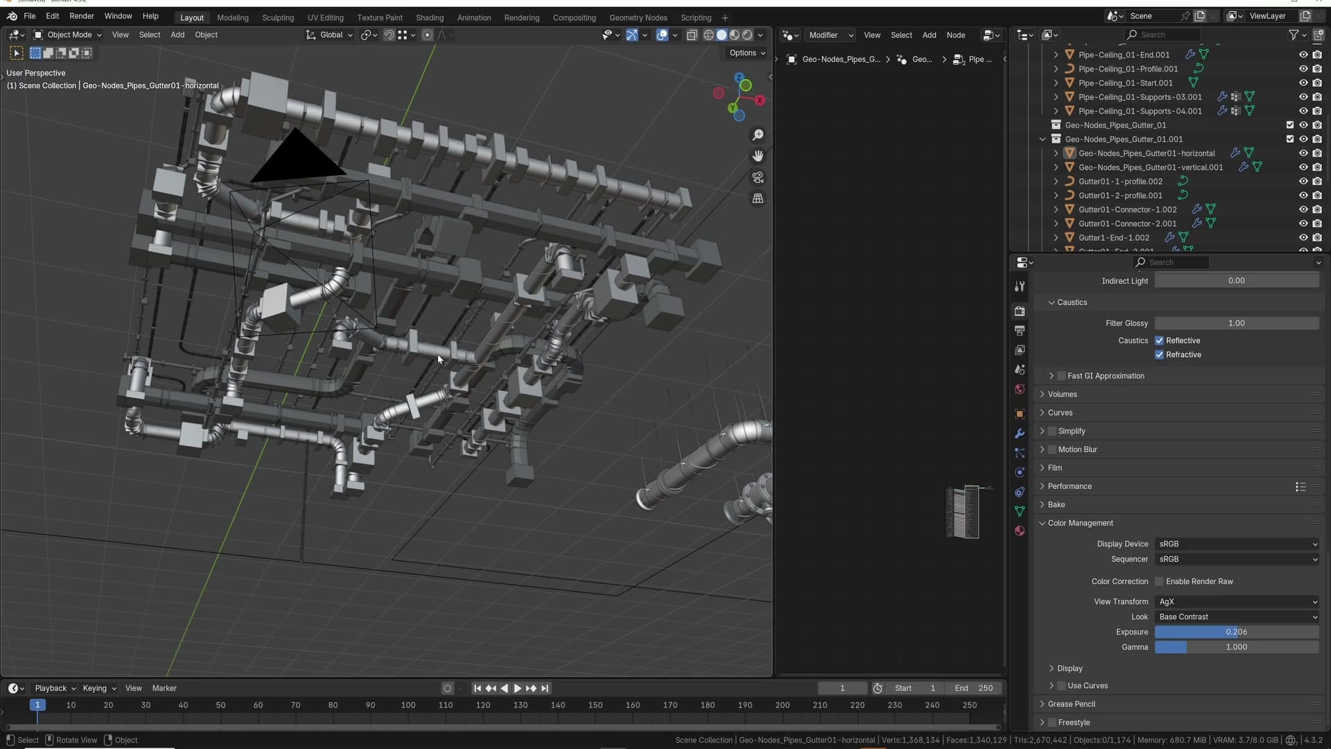 A dense ceiling run with hundreds of connectors and supports, all referencing single source meshes so the memory footprint stays minimal.