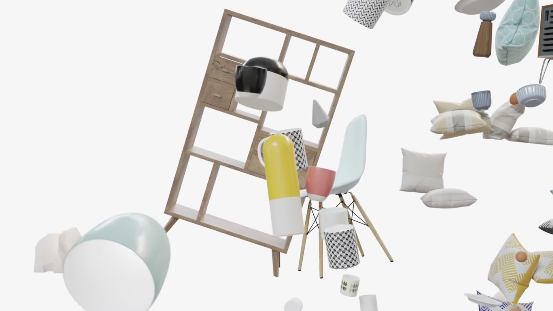 Mid-animation view as the camera glides past a styled shelving arrangement, demonstrating diffuse window light bouncing across pale walls.