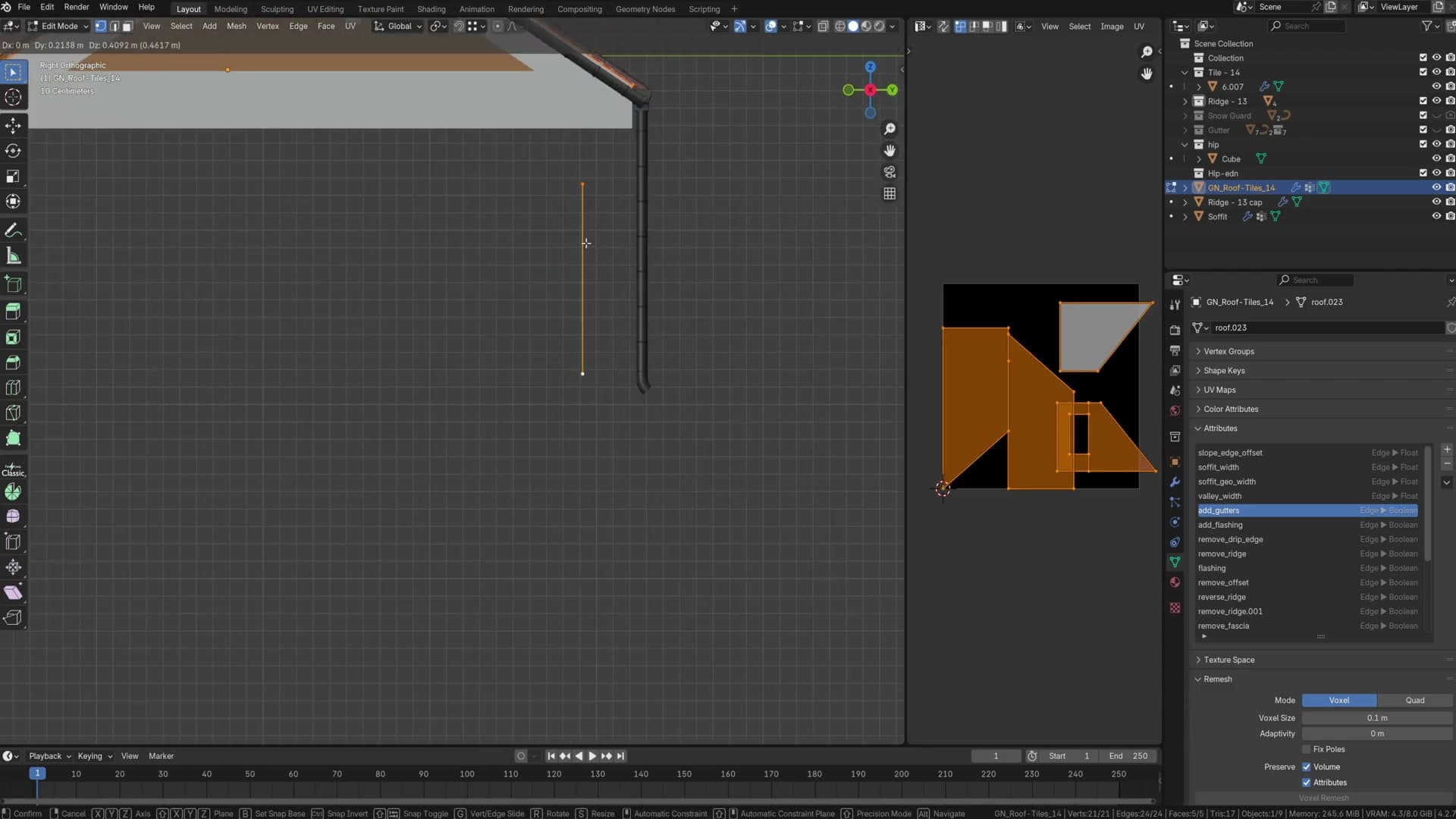 Loose pipe geometry snapping onto the horizontal gutter section.