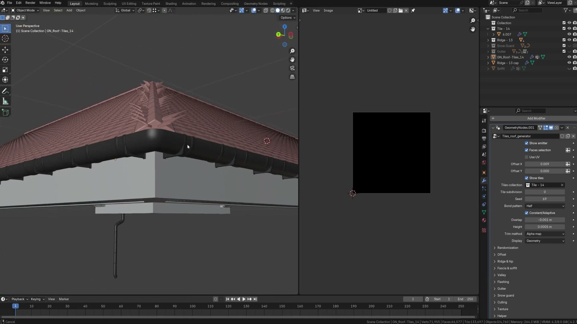 Render preview showing alpha-map trim clipping invisible tile geometry.
