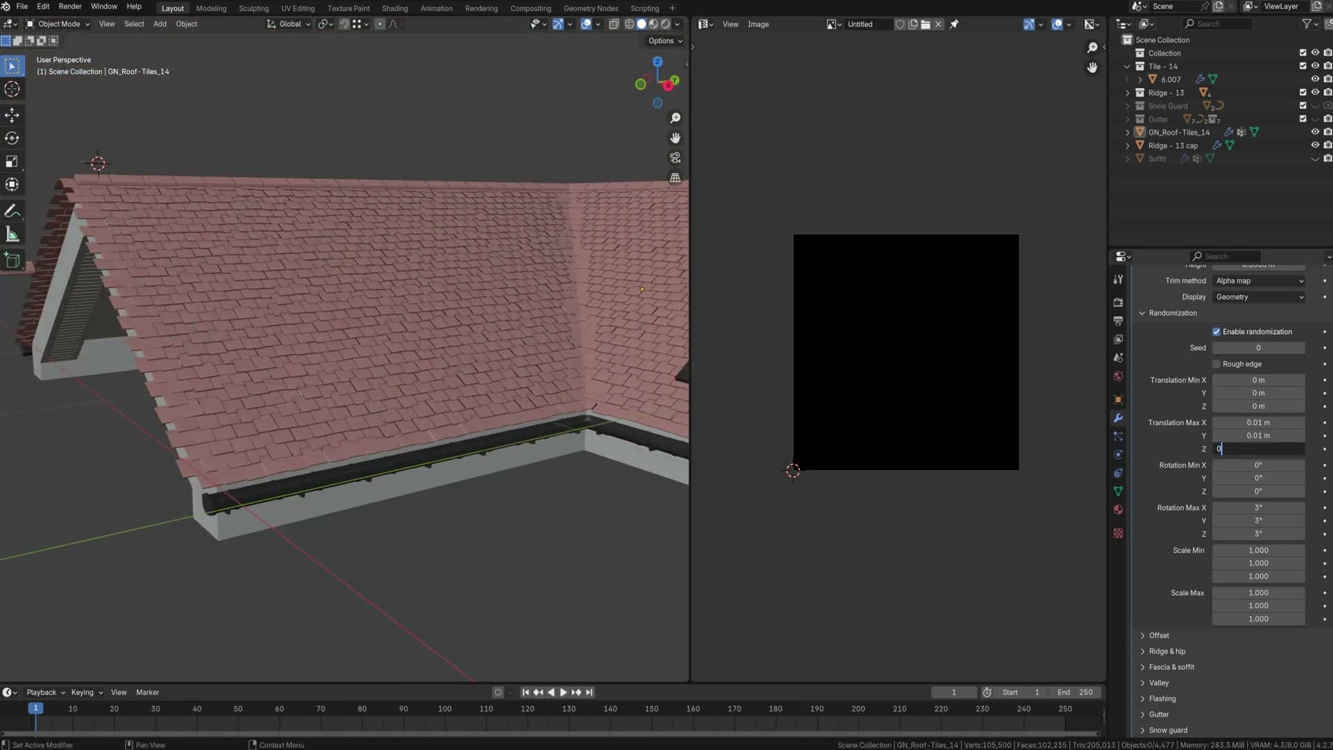 Broken-roof effect from layered position and rotation randomisation.