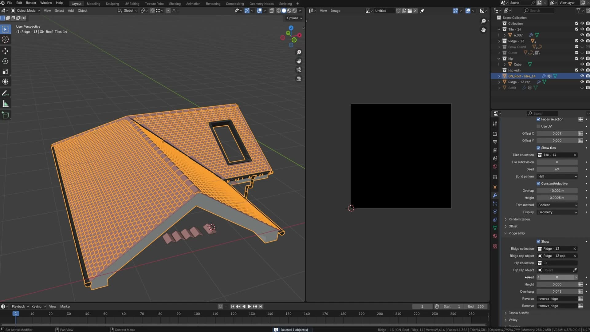 Custom ridge_overhang attribute reducing overhang on one edge only.