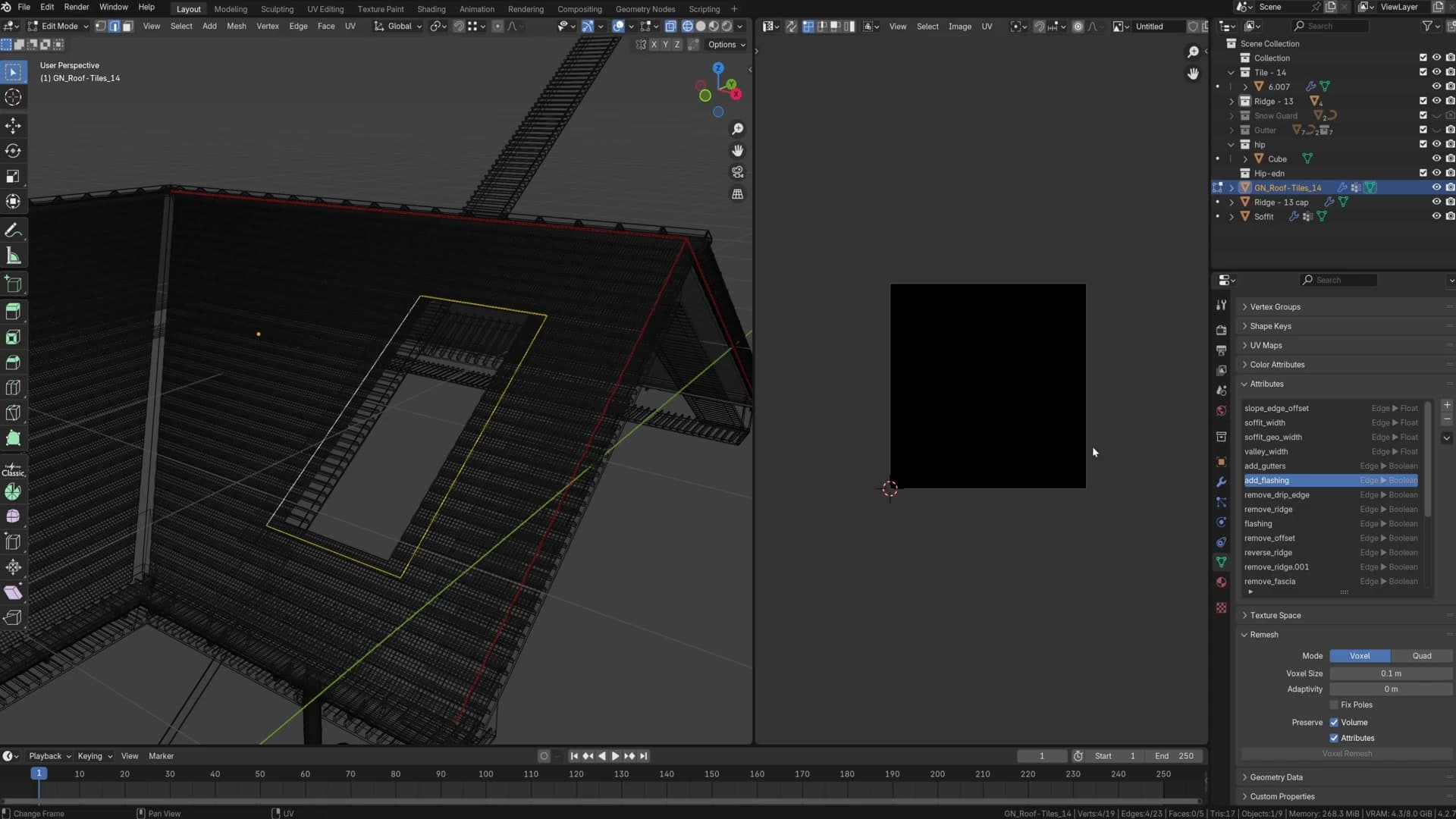 Flashing wrapping a rectangular cutout in the roof surface.