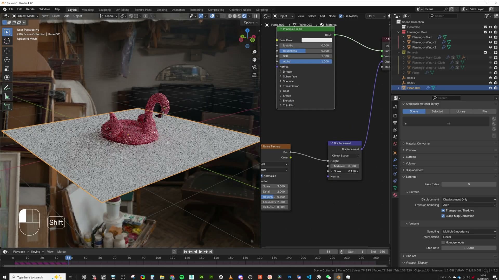 Material output set to Displacement Only with a noise texture wired into a Displacement node.
