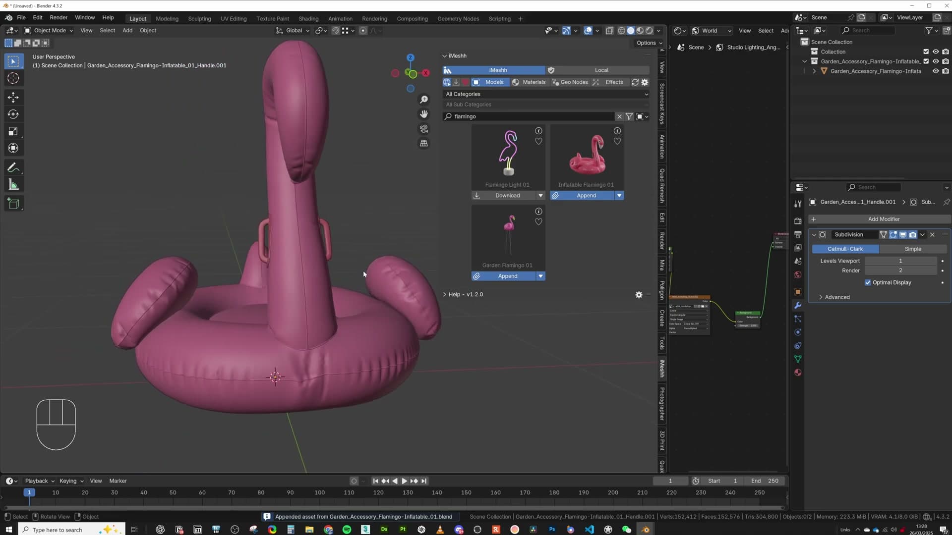 The high-poly flamingo float appended into a fresh Blender scene.