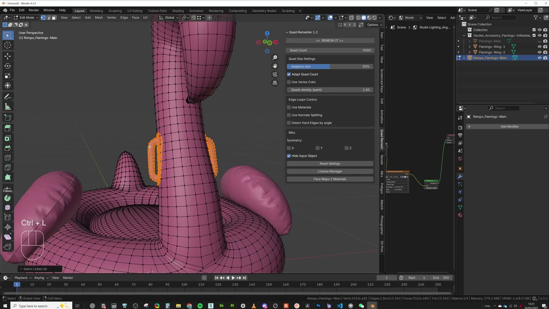 The remeshed low-poly flamingo body in edit mode, showing clean quad topology.