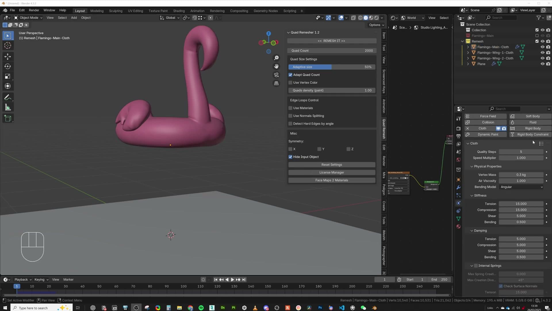 Default cloth simulation collapsing on impact: the failure mode that internal springs fixes.