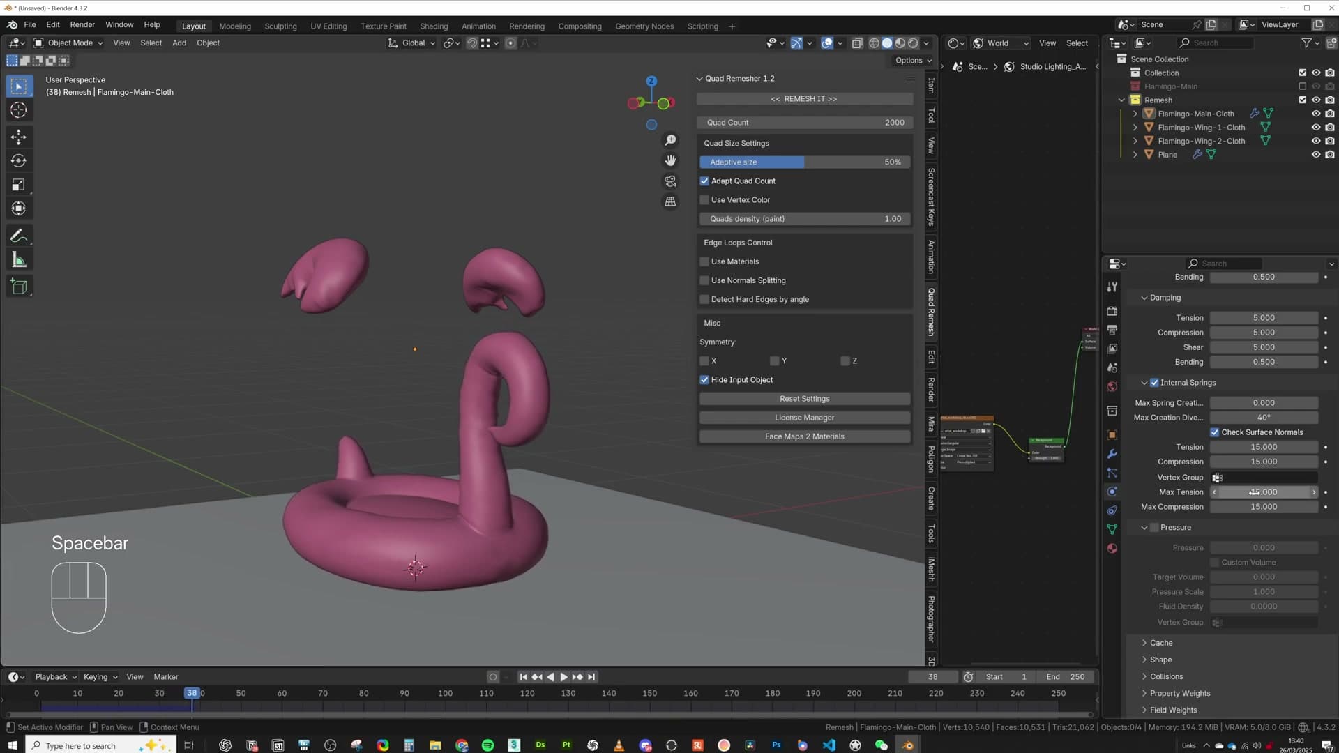 Internal Springs enabled with stiffness 40: the flamingo holds its shape on landing.