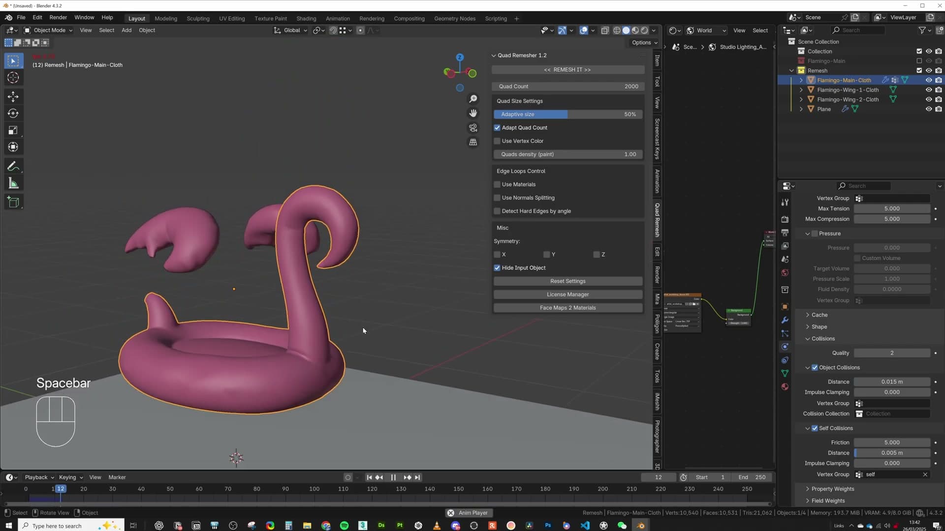 Face-select brush picking out the crevice region that should be excluded from self-collision.