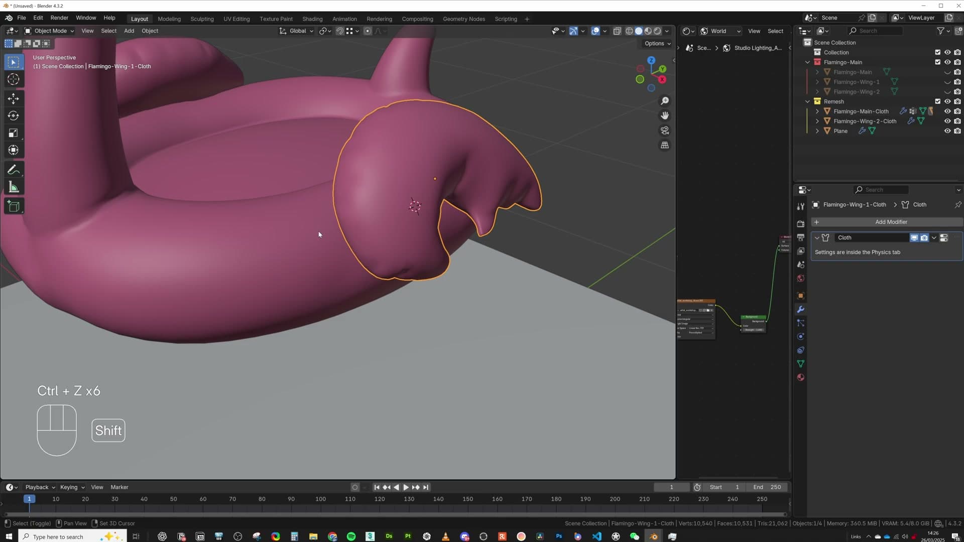 Wing still drops through the body after a vertex parent. Origins are unchanged by the cloth solve.