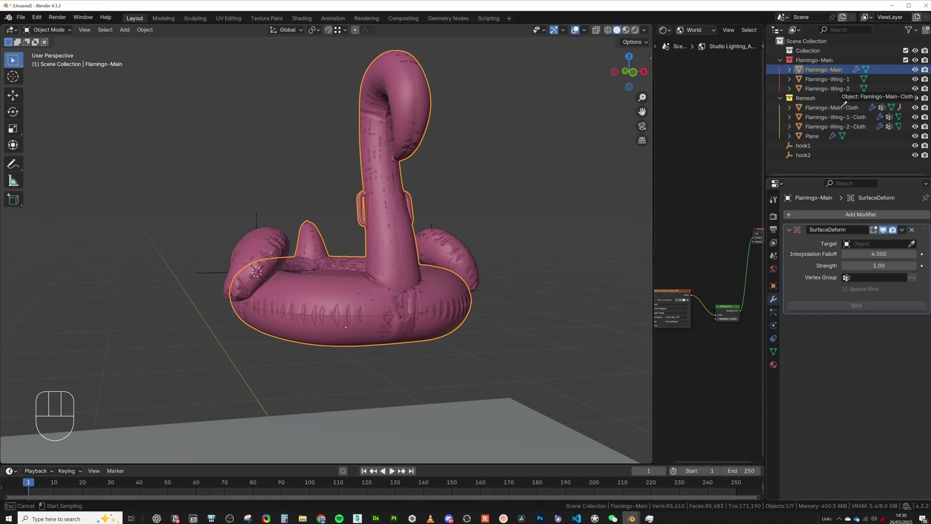 Surface Deform modifier on the high-poly body, target set to flamingo_main_cloth before binding.