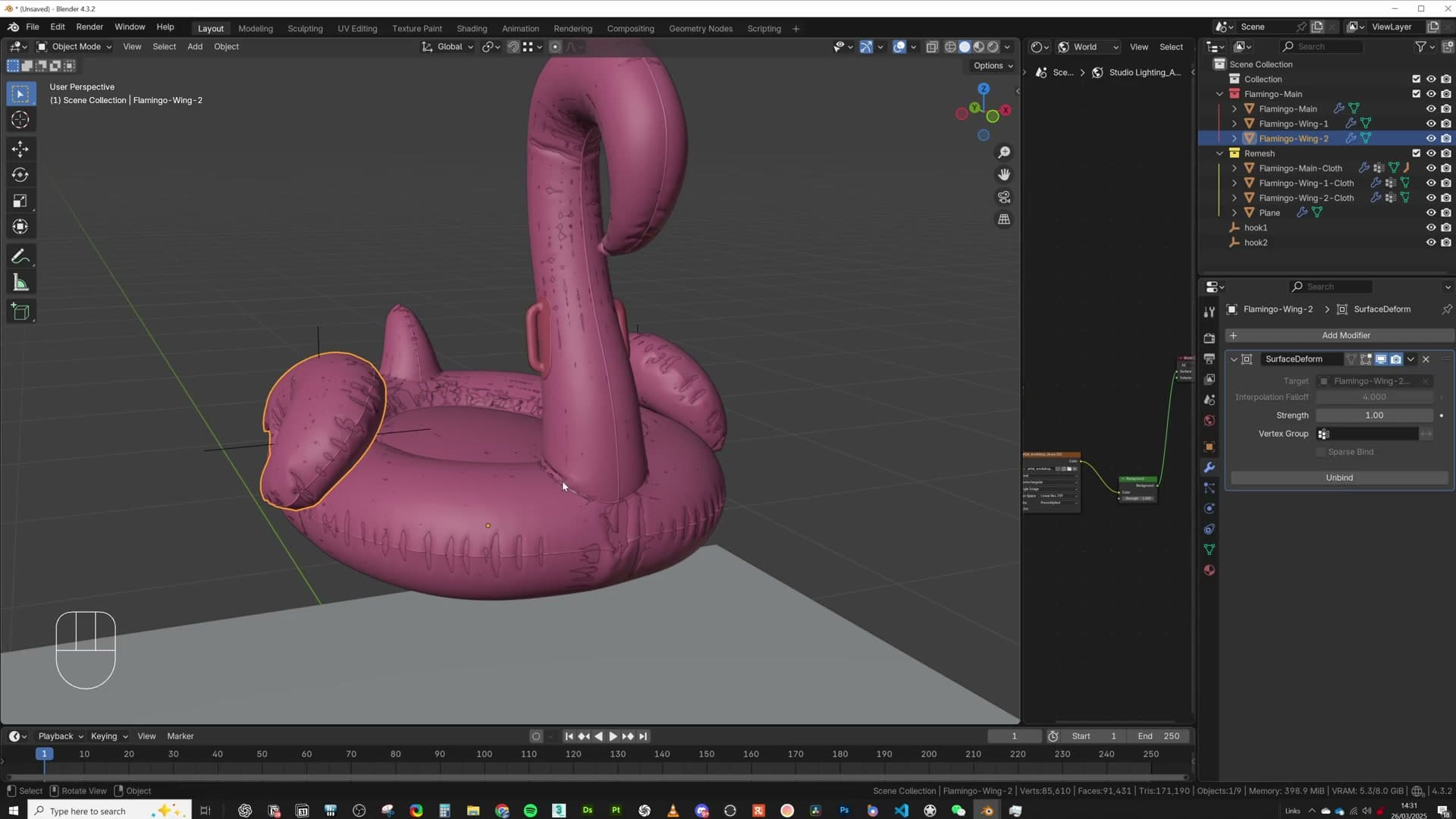 Both wings successfully bound. The high-poly meshes will now follow the low-poly solve.