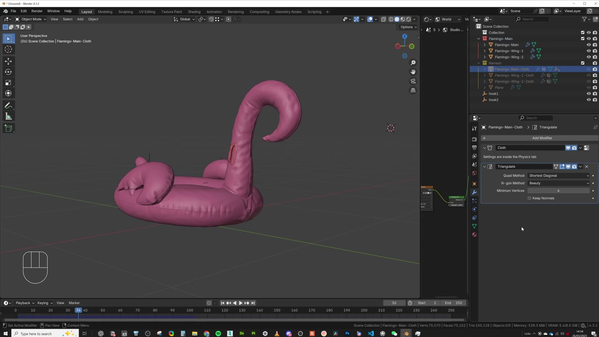 High-poly flamingo following the cloth solve frame-by-frame with the proxy hidden.
