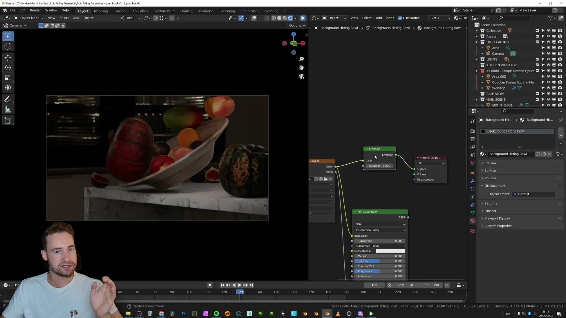 Shader editor: a single Emission node feeding the Material Output.