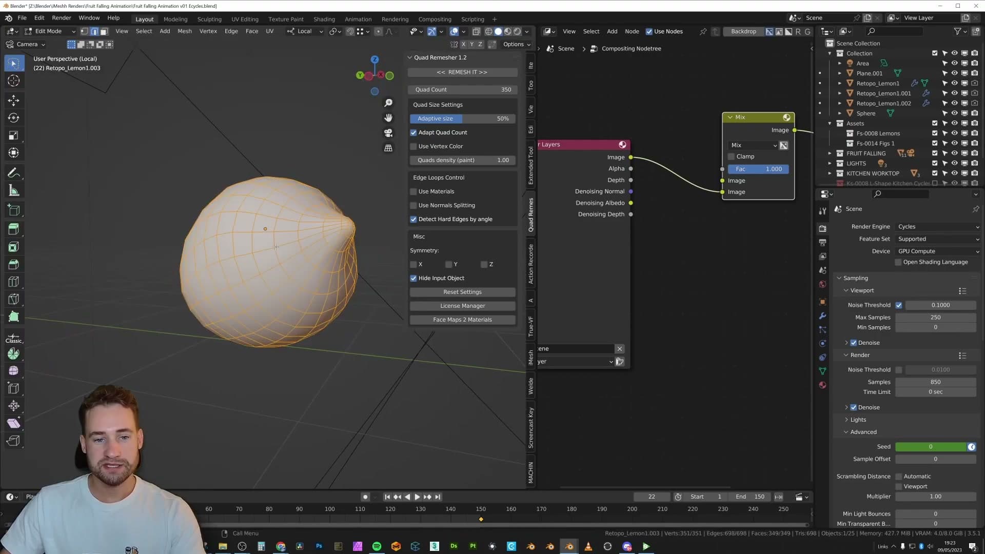The remeshed low-poly lemon, clean quad topology.