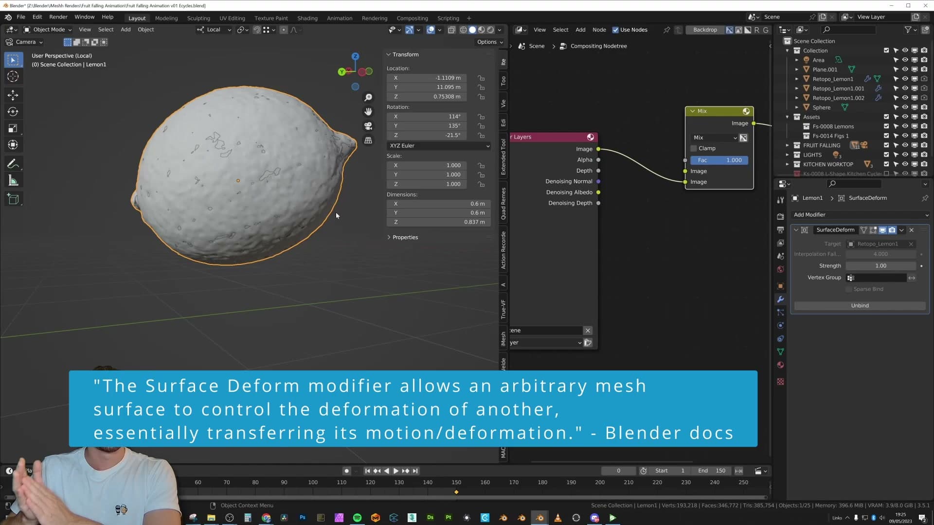 Surface Deform modifier on the high-poly lemon, bound to the low-poly proxy.