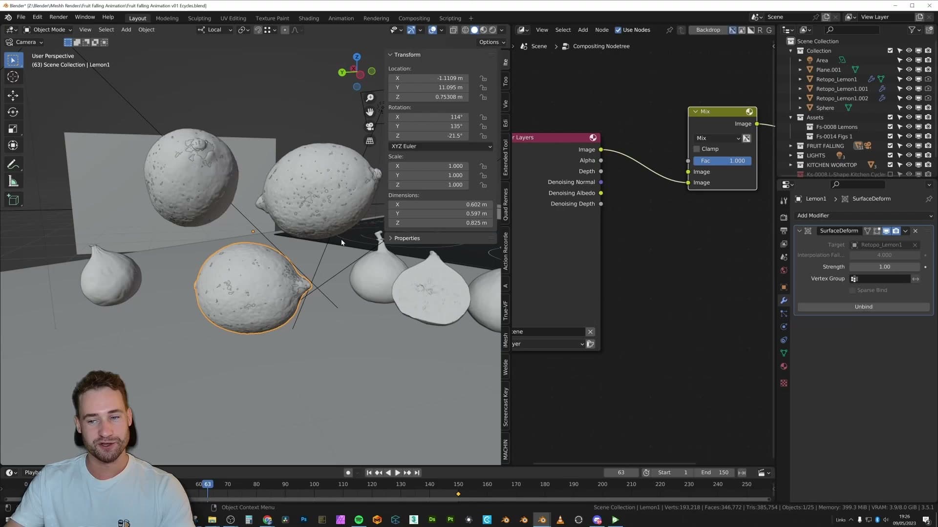 Hero lemons deforming in sync with the simulated low-poly versions.