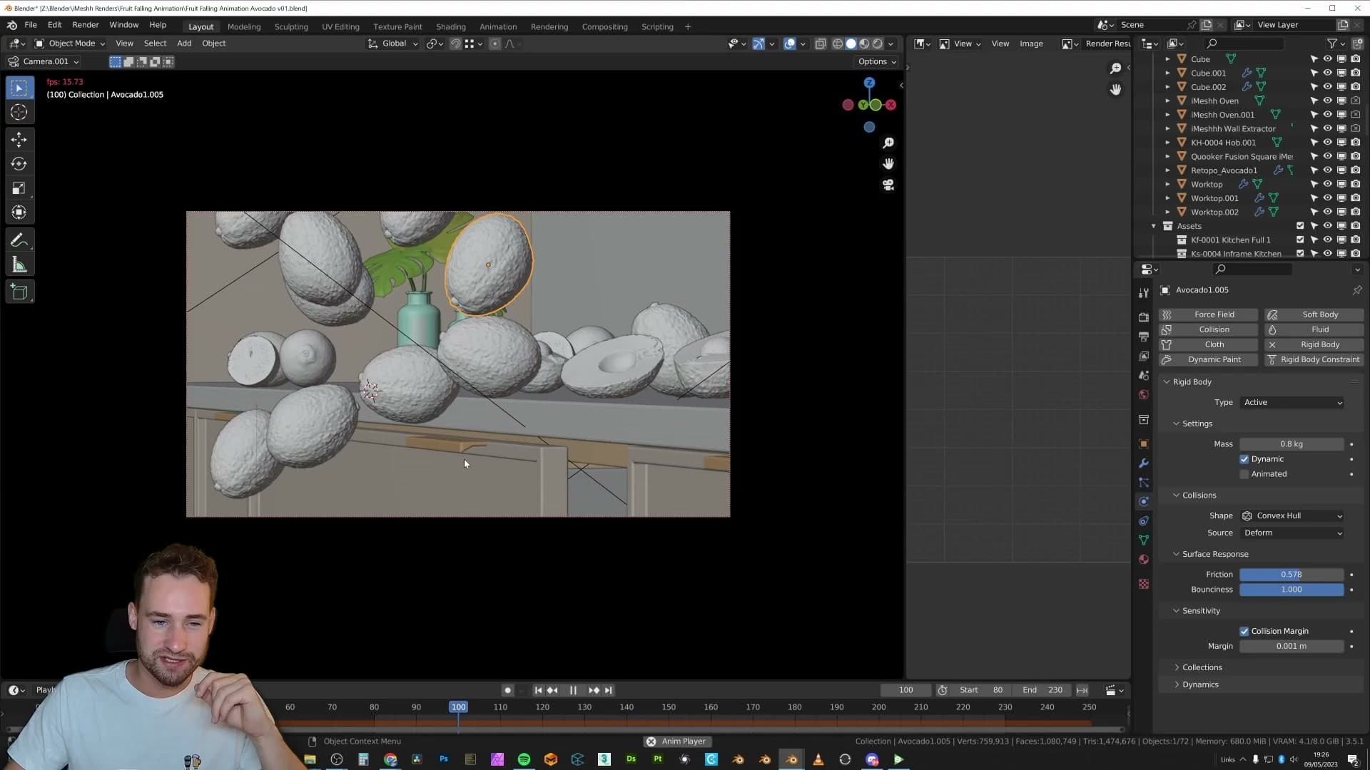 Avocados set to Rigid Body with Convex Hull collision.