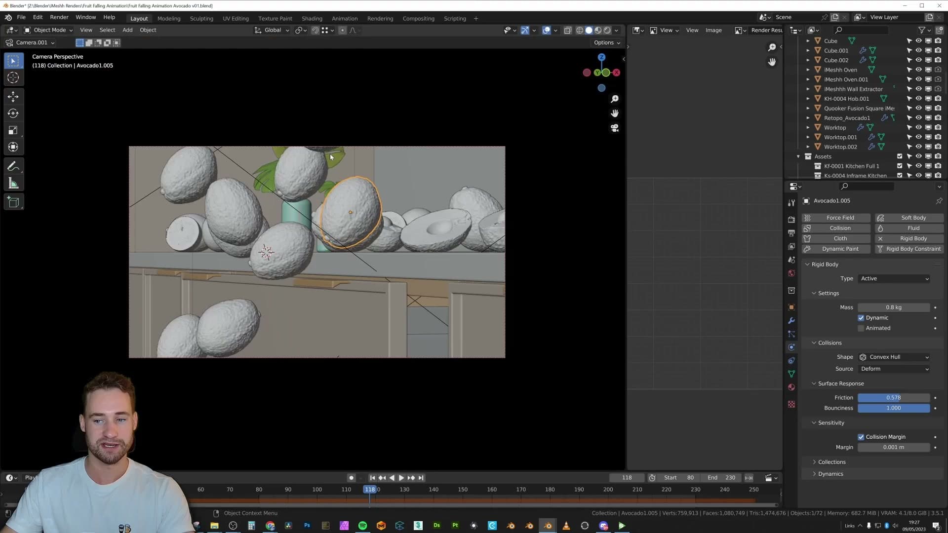 Simulation playing, fruit bouncing into the drawer.