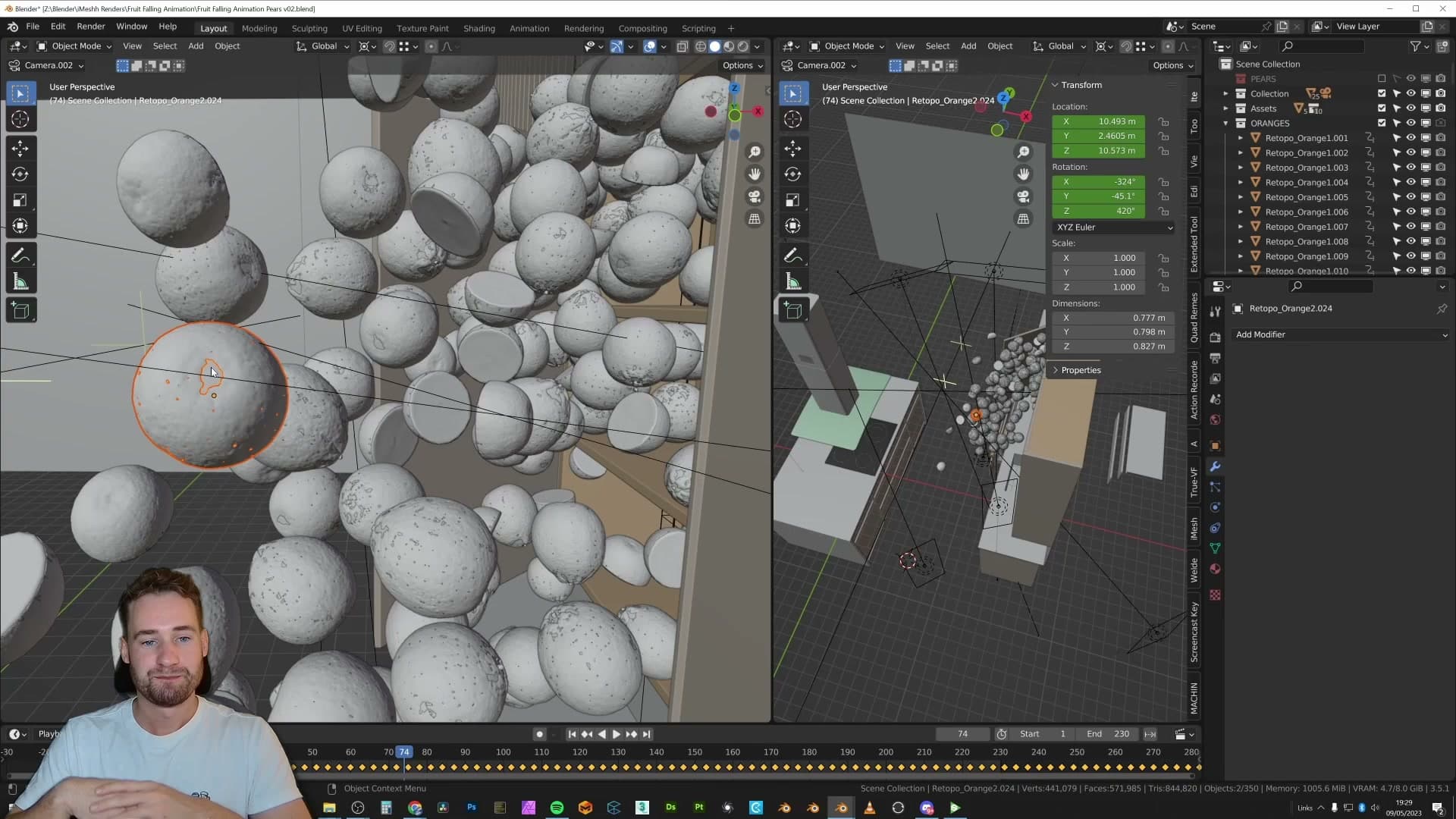 Low-poly orange proxies set to Sphere rigid body collision for fast solver feedback.