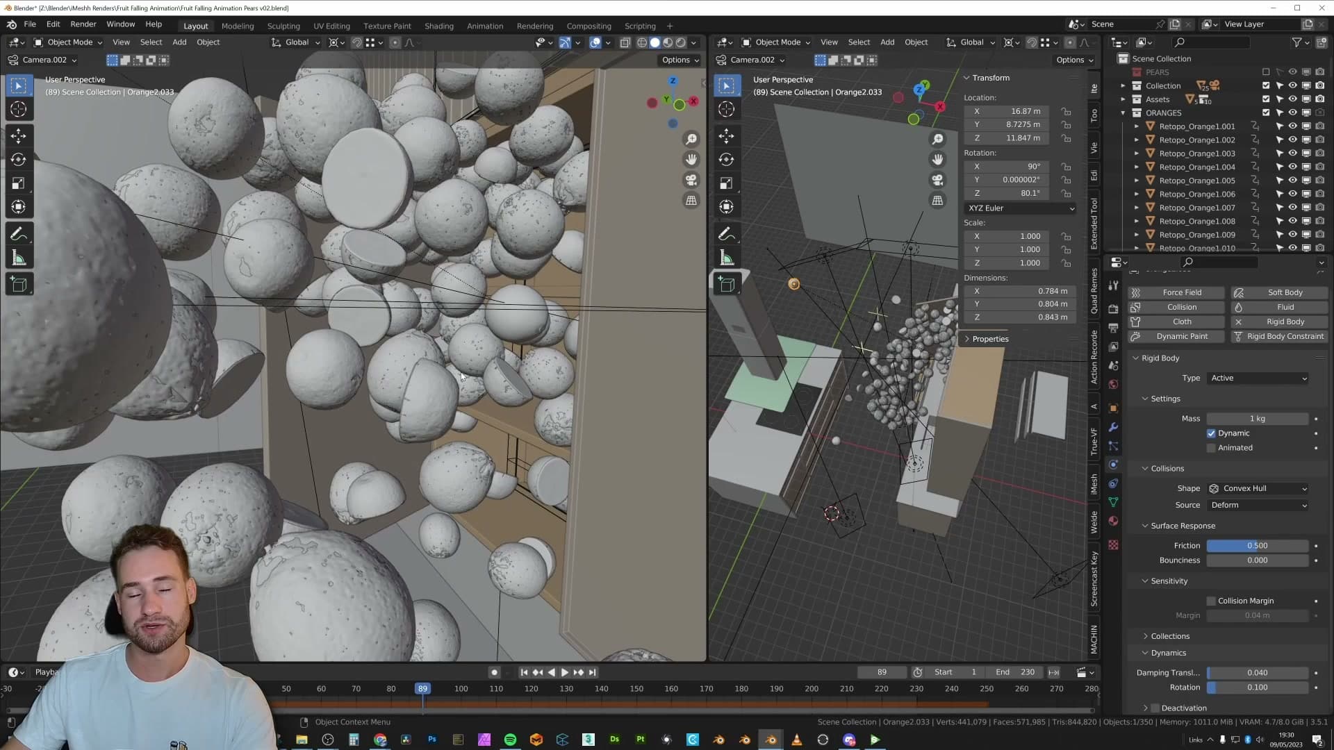 High-poly oranges parented to their low-poly proxies.
