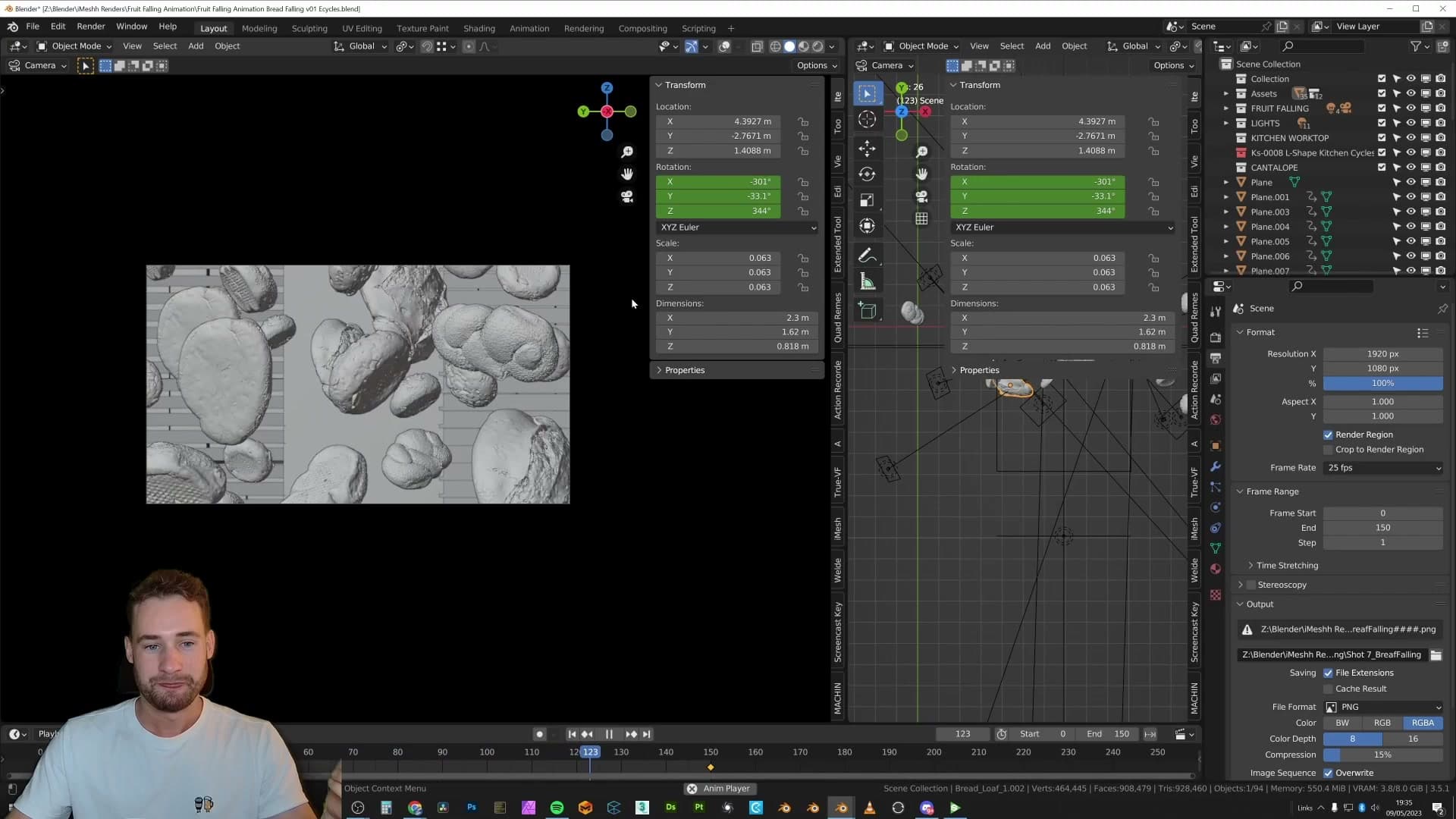 Per-object rotation keyframes set at the start and end frame.
