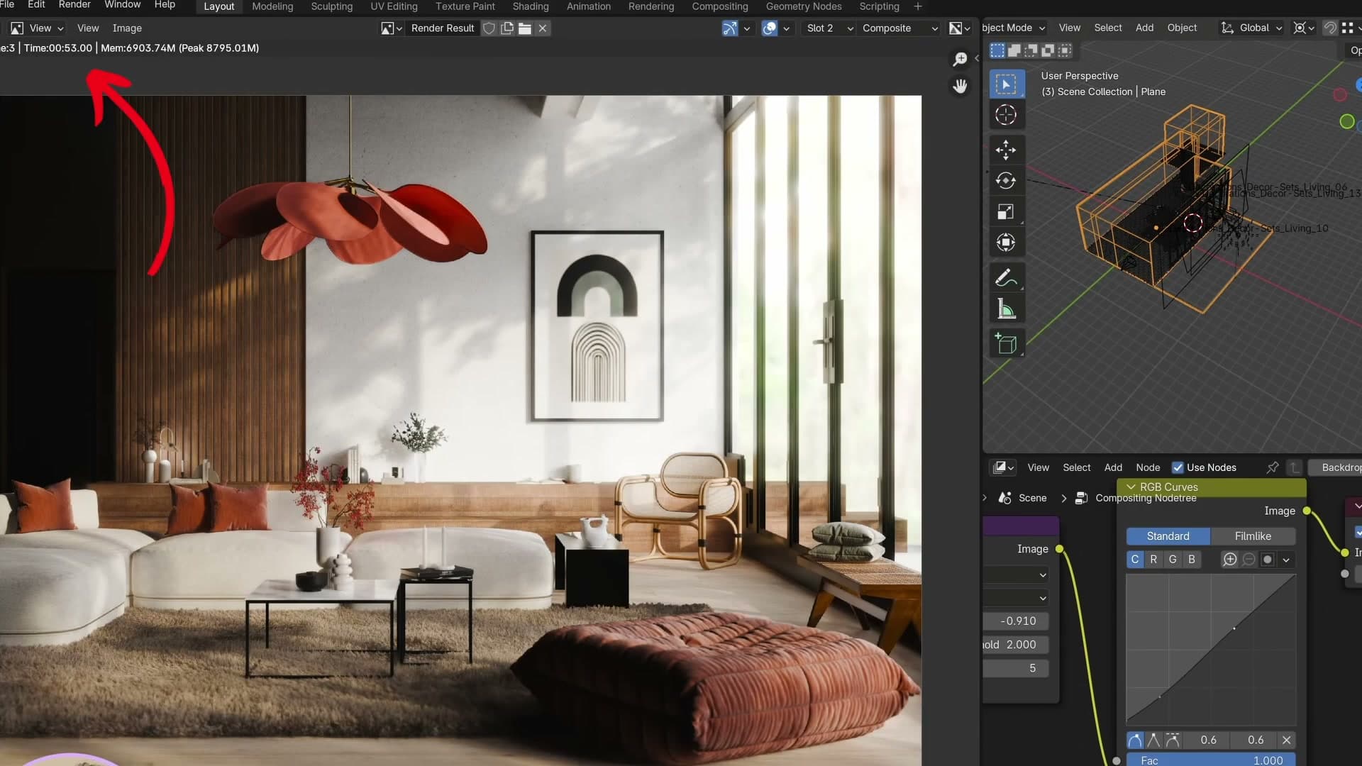 Eevee Next render showing a 53-second viewport stamp. Actual animation frames clock in around nine seconds each.