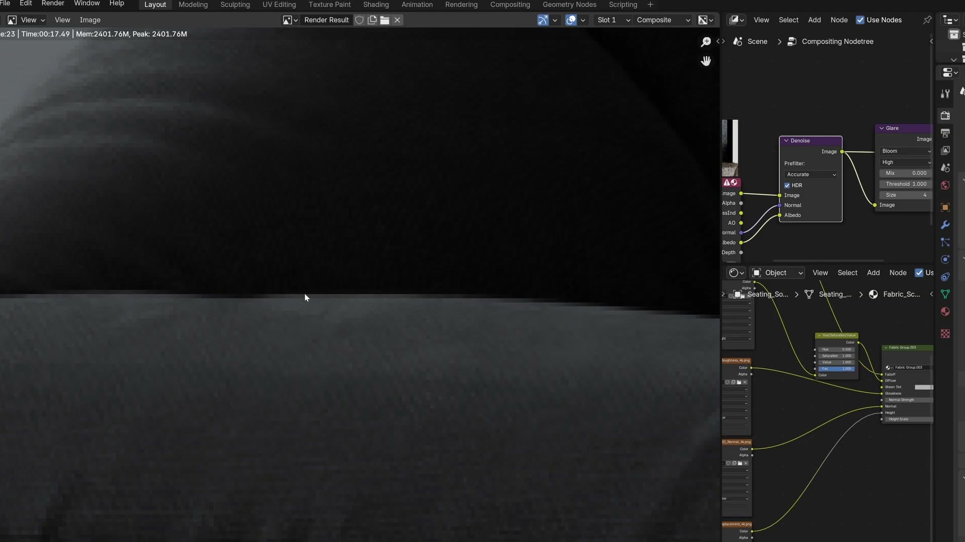 Denoise node on Accurate. Fine wrinkle lines and surface texture are visibly crunched away.