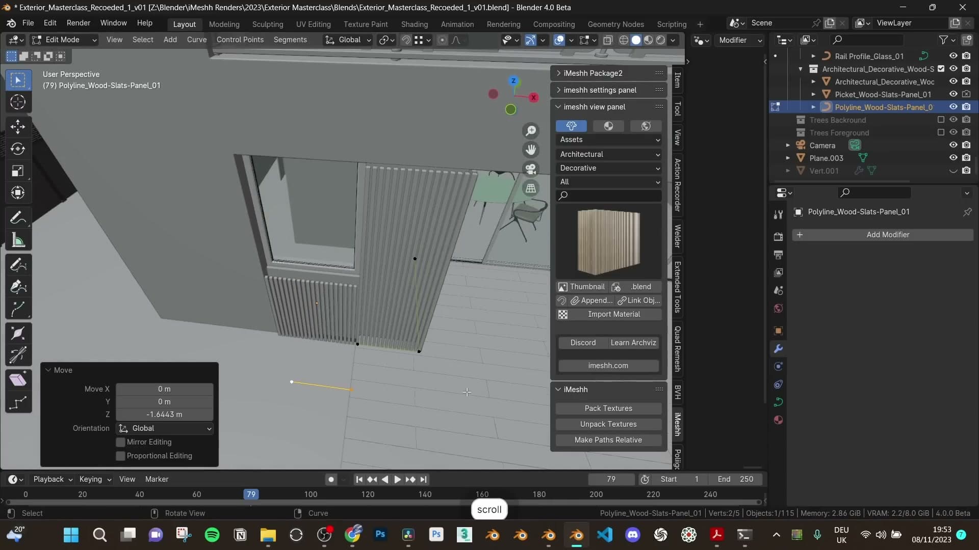 Wood slat geometry-nodes panel applied below the upper window.