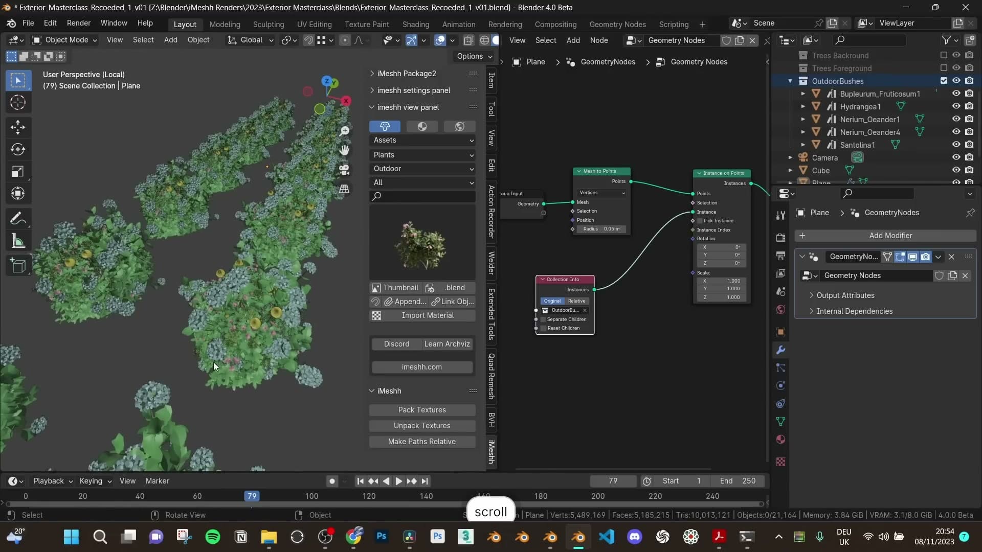 Geometry-nodes graph: Mesh to Points → Instance on Points → Pick Instance from a plant collection.