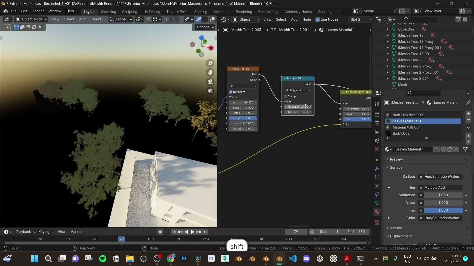 Multiple instanced trees scattered around the building.