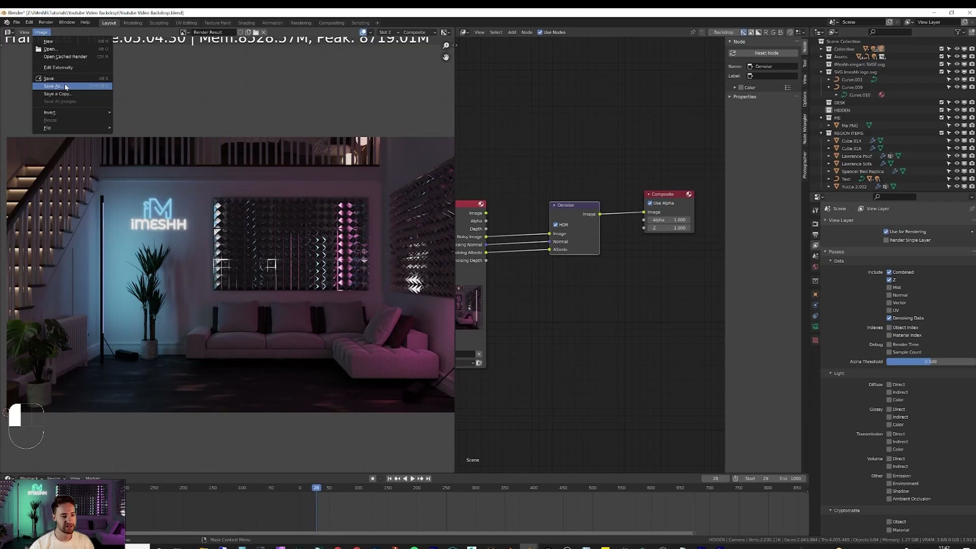 Side-by-side: noisy render input versus the clean denoised output.