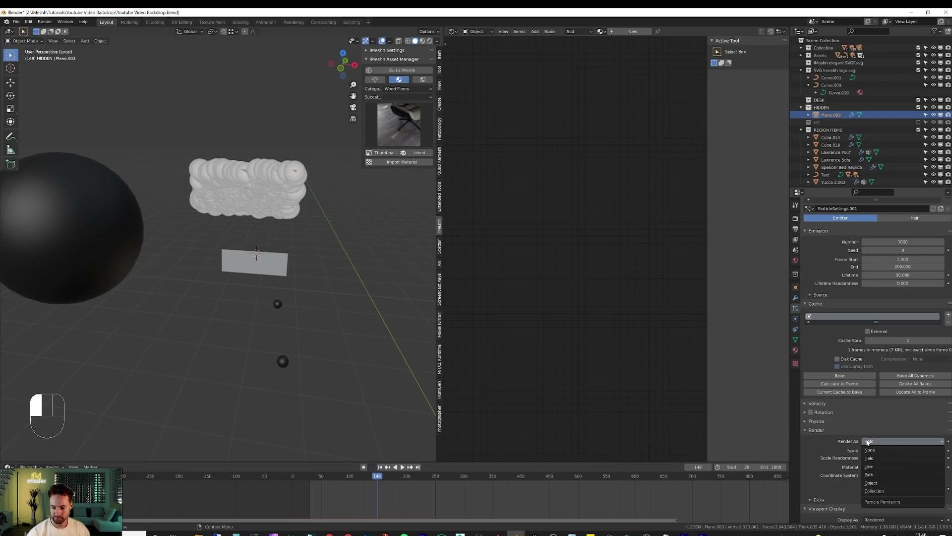 Particle system set to Render As: Object, pointing at the sphere.