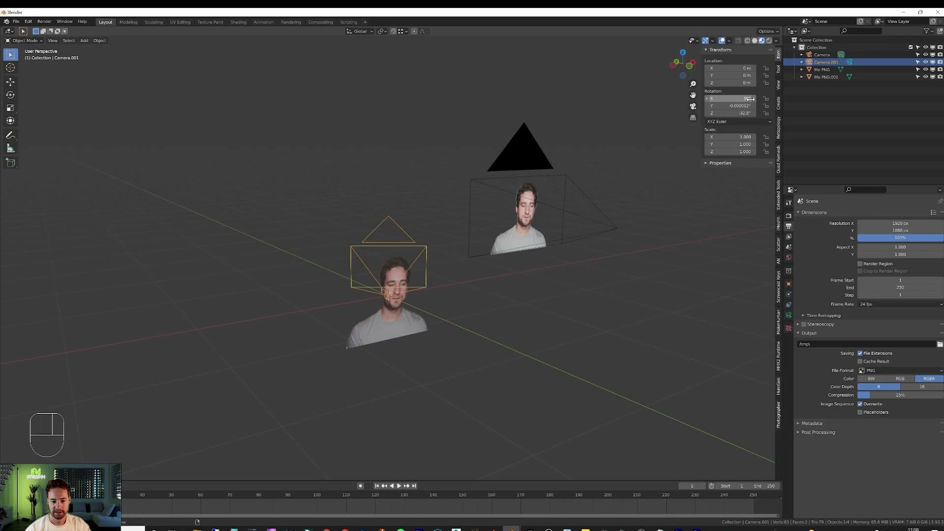 Setting the camera rotation to 90, 0, 0 for an upright view.