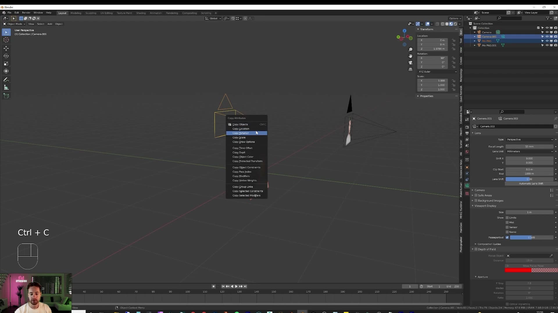 Copy Menu Attributes enabled: Ctrl+C between objects copies rotation, location or scale.