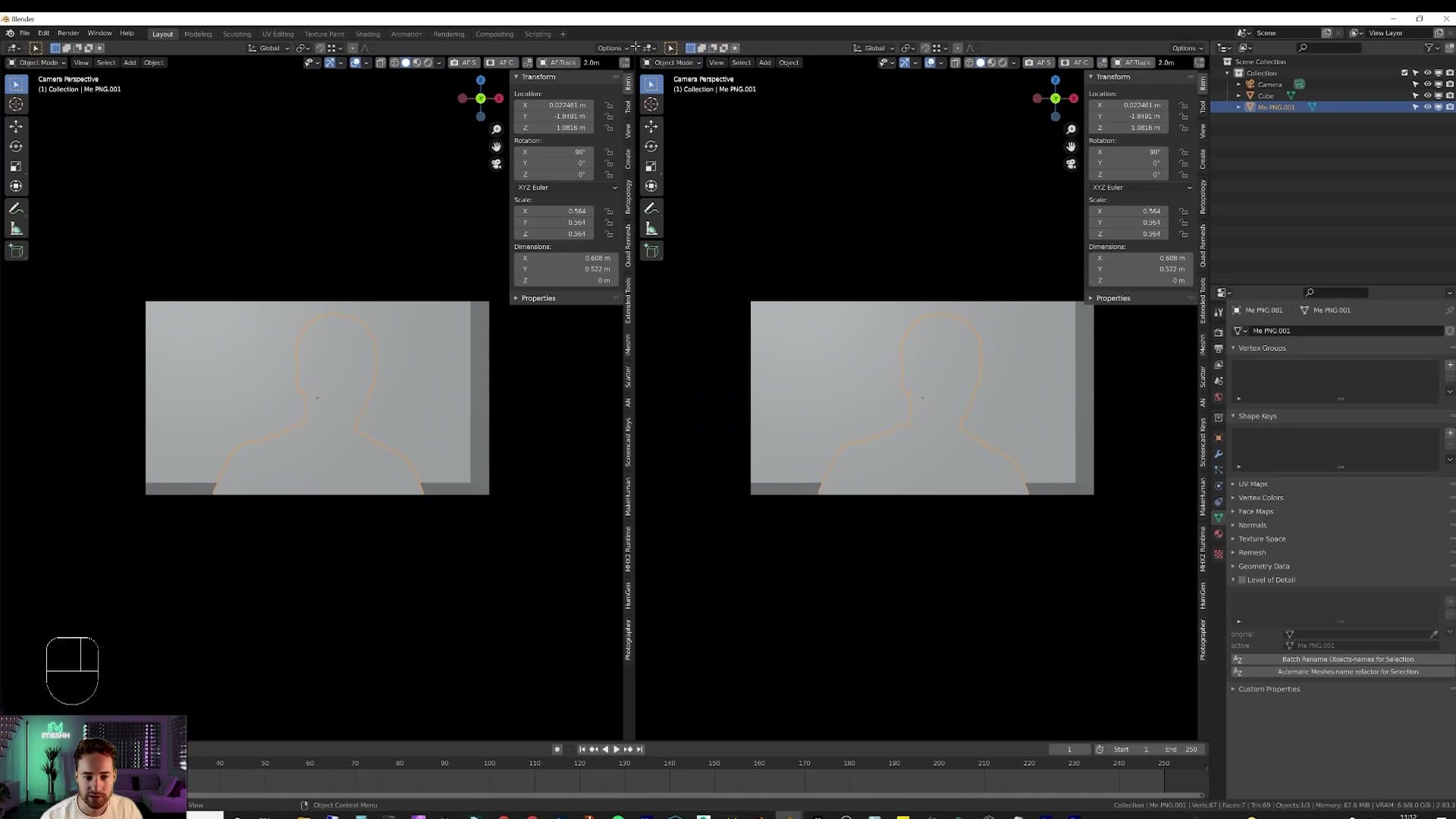 Dragging the viewport corner crosshair to split into a free view plus a locked camera view.