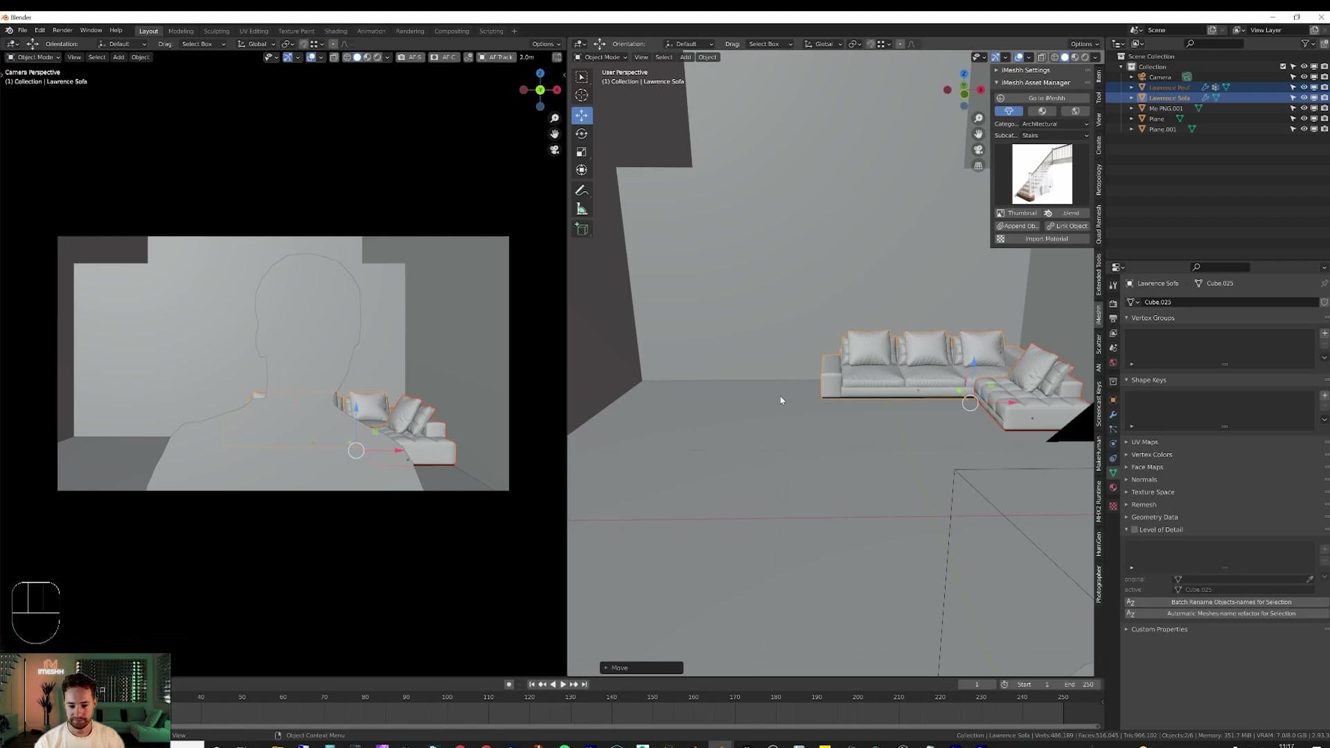Browsing the Architectural > Stairs category in the iMeshh Asset Manager.