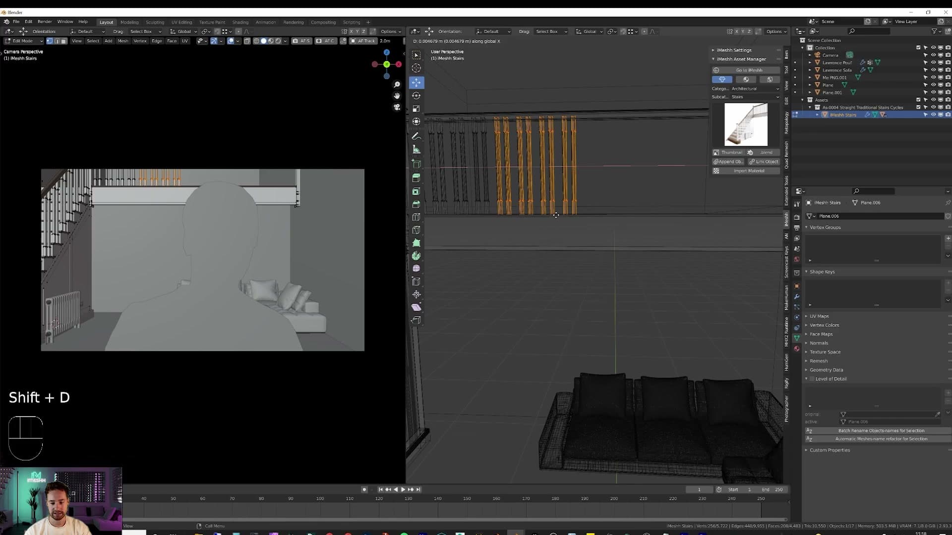 Railing posts duplicated along X with Shift+D, X to fill the mezzanine edge.