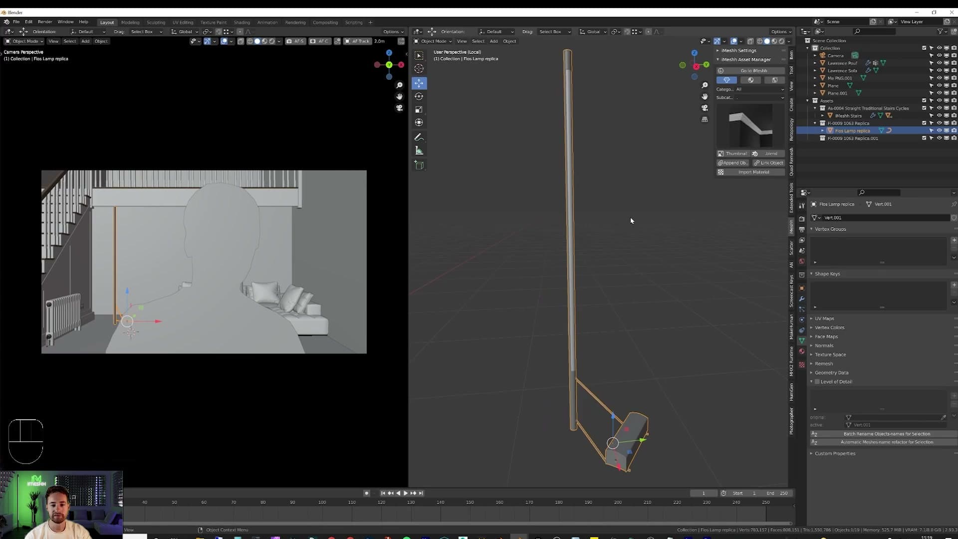 Appending a Flos-style floor lamp from the iMeshh lighting library.