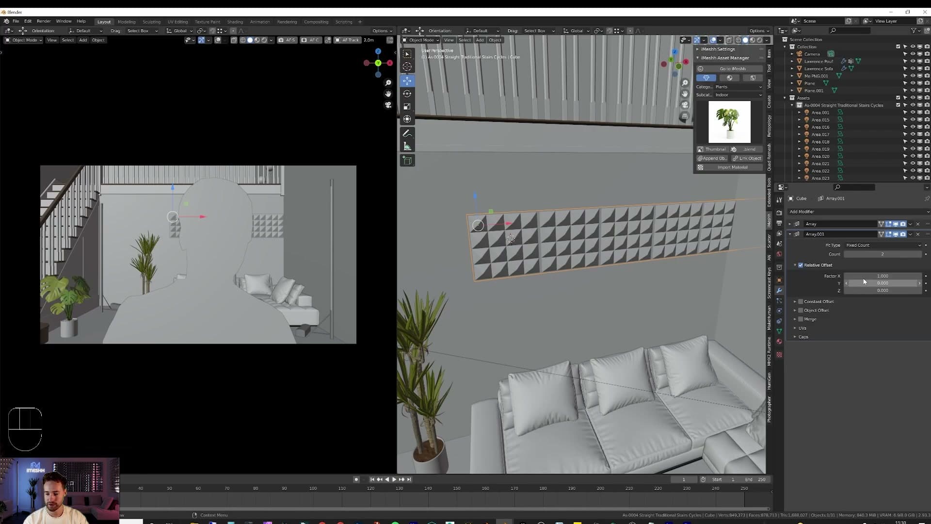 First Array modifier repeats the segment horizontally across the wall.