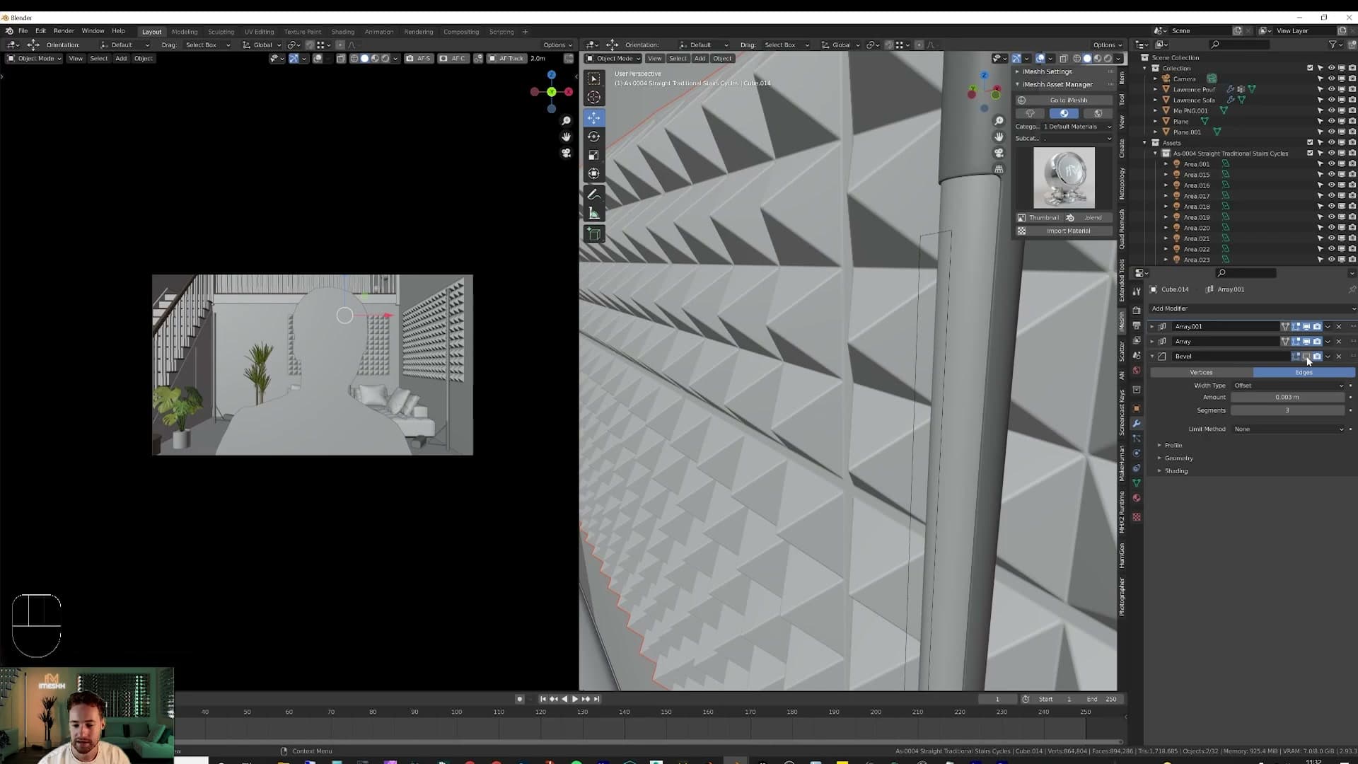 Bevel modifier added on top of the Arrays for a softer real-world edge.