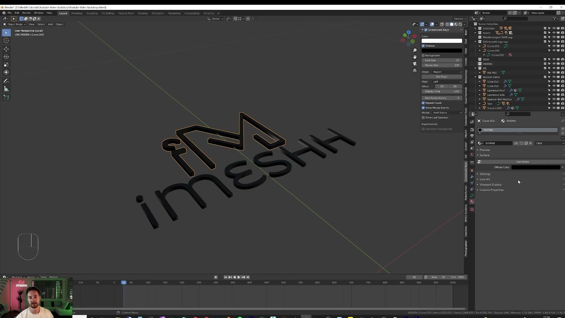 Curve extrude depth gives the SVG real geometric thickness.