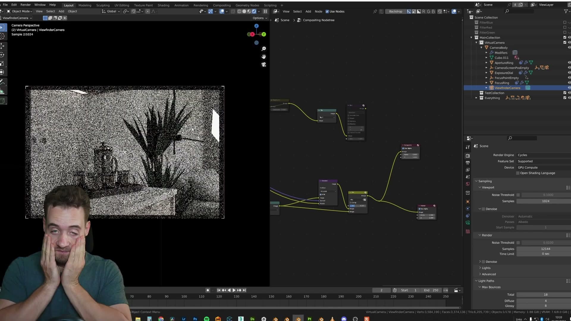 Switching to the viewfinder camera for a fast, rough framing preview: not final render quality, but enough to compose a shot.