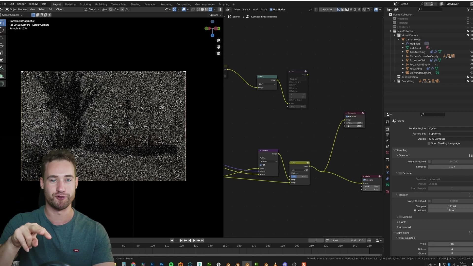 First light arriving on the sensor in rendered viewport. An image only forms once samples actually pass through the lens.